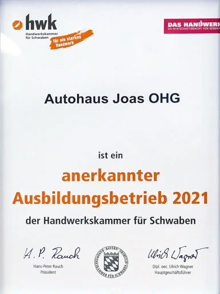 Auszeichnung anerkannter Ausbildungsbetrieb HWK 2021