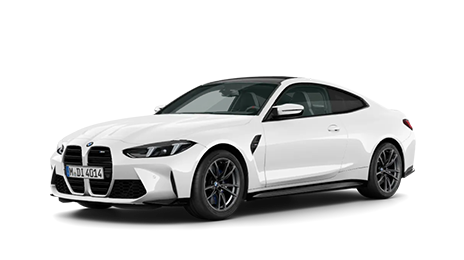Ein weißes BMW Sportcoupé, Vorder- und Seitenansicht, isoliert auf weißem Hintergrund.