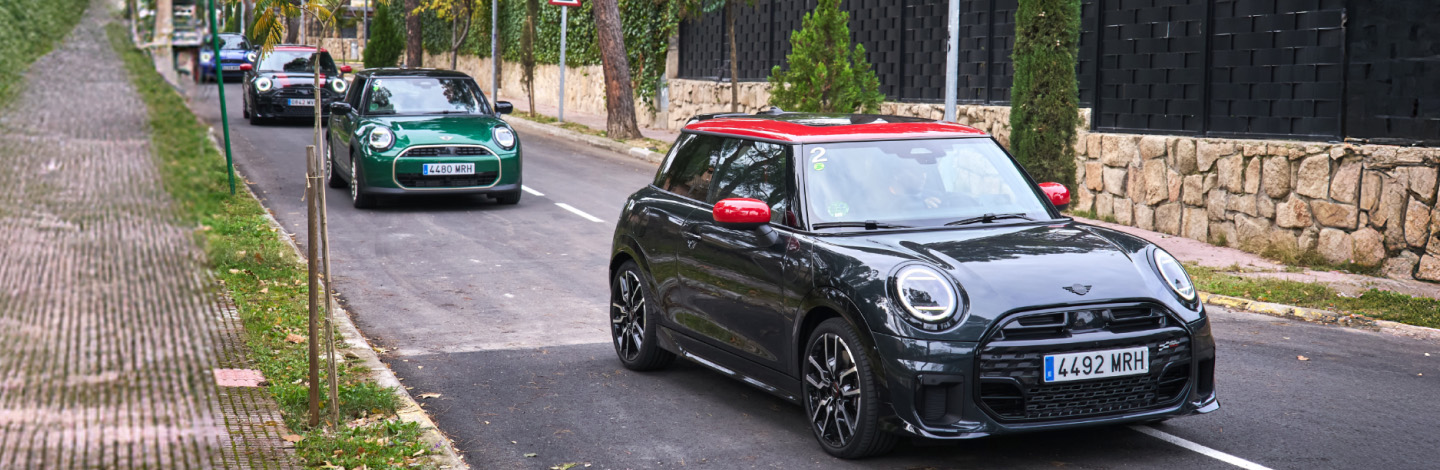 Vier Mini Coopers fahren eine von Bäumen gesäumte Straße hinunter.