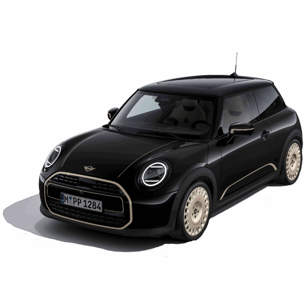 Ein schwarzer Mini Cooper mit beigen Akzenten, von vorne links gesehen, geparkt neben THE i4.