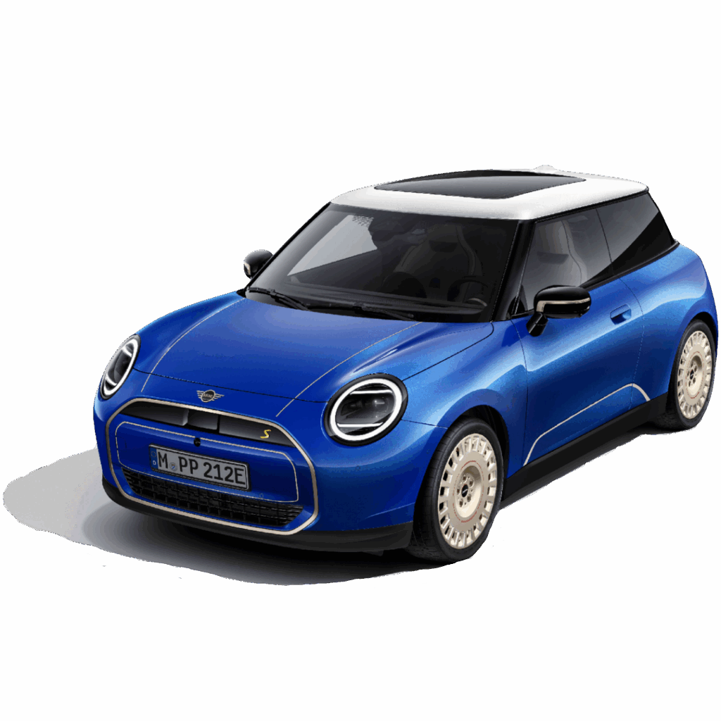 Ein blauer THE i4 Kleinwagen mit weißem Dach, Ansicht von vorne links, auf weißem Hintergrund.