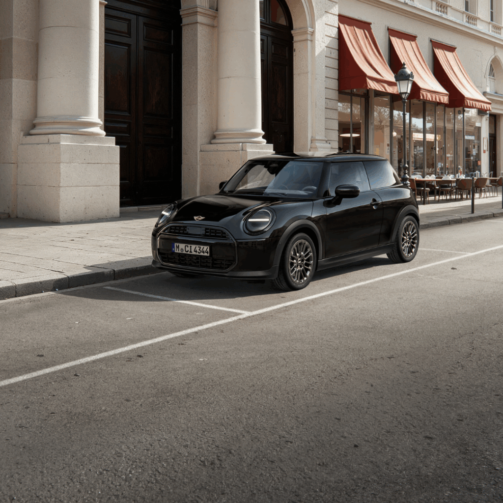 Ein schwarzer MINI Cooper F66 steht auf der Straße in einer Innenstadt.