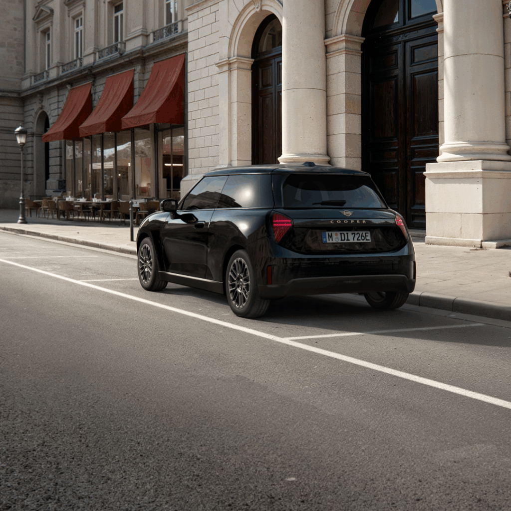 Ein vollelektrischer schwarzer MINI Cooper J01 steht auf der Straße in einer Innenstadt.