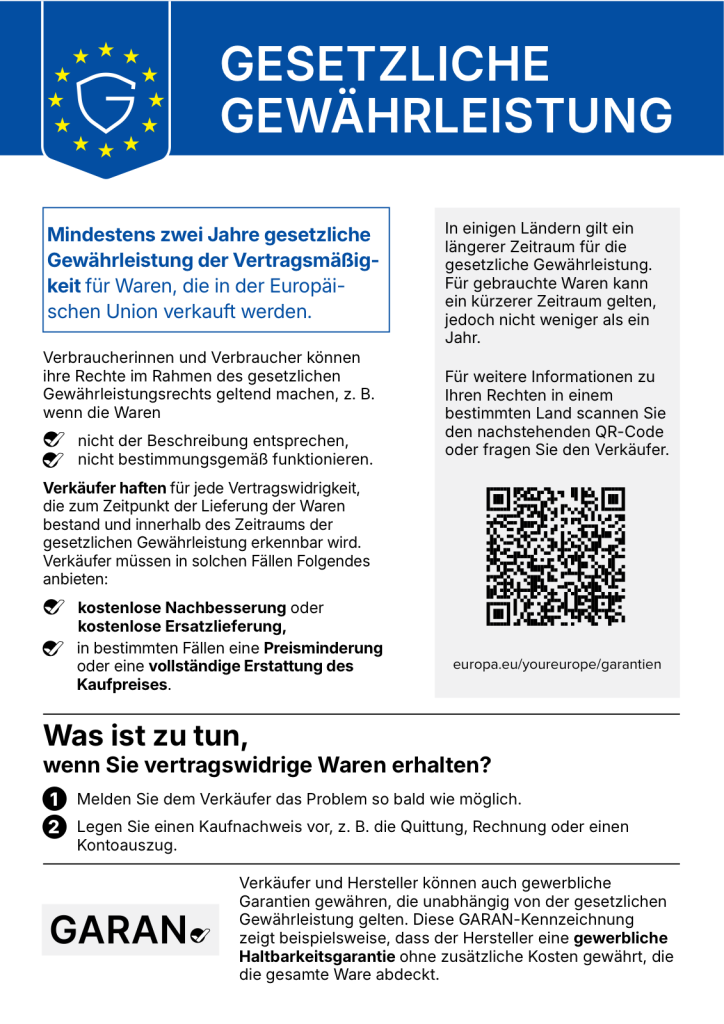 Amtliche EU-Mitteilung „Gesetzliche Gewährleistung“: mindestens zwei Jahre gesetzliche Gewährleistung für in der EU verkaufte Waren, Rechte bei vertragswidrigen Waren und QR-Code zu weiteren Informationen
